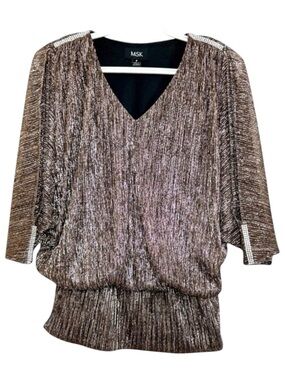 MSK Metallic Cold Shoulder V-Neck Dolman Blouse Brown Size S Holiday Party